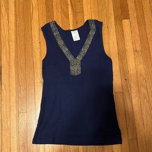 Silver Beaded Navy Blue Blouse Ribbed, Size Small